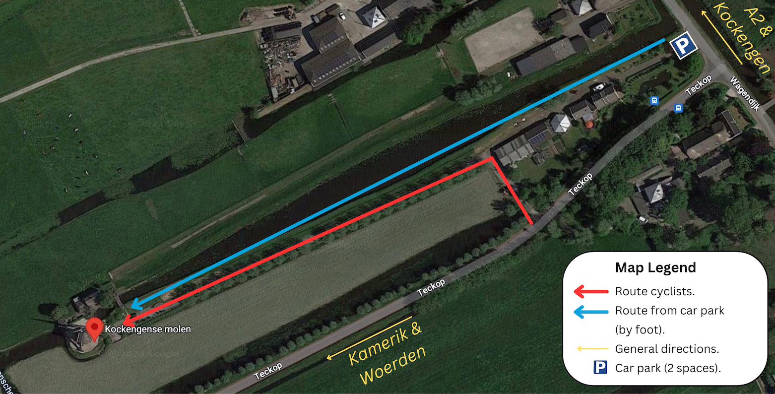 Screenshot of the location of the windmill on Google Maps. Several routes have been drawn in with arrows. A red arrow indicates the route for cyclists, the blue route indicates the route by foot (from the car park). There are also two yellow arrows which indicate general directions to nearby villages or the motorway. Lastly, there is a car park symbol added to the map. All is explained in a map legend in a white box with rounded corners