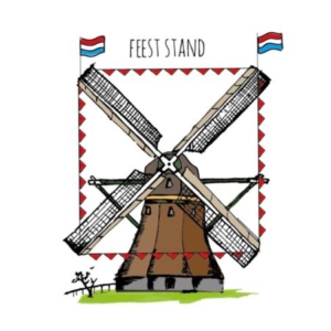 Een molen met vlaggetjes: de feeststand